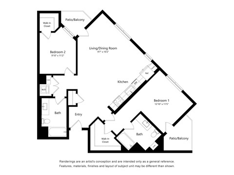 Floor plan for 2 beds, 2 baths, 1157 sqft